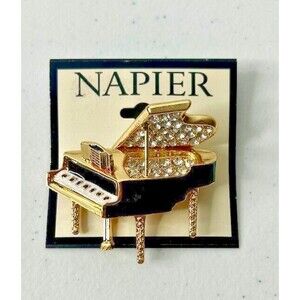 Napier Gold Tone Simulated Crystal & Enamel Piano Pin Grand Piano Black Gold New